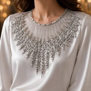 Stitchmere Premium Sequin Embroidered Neckline Applique Silver