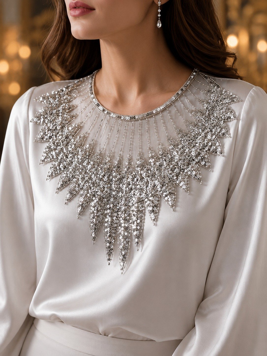 Stitchmere Premium Sequin Embroidered Neckline Applique Silver