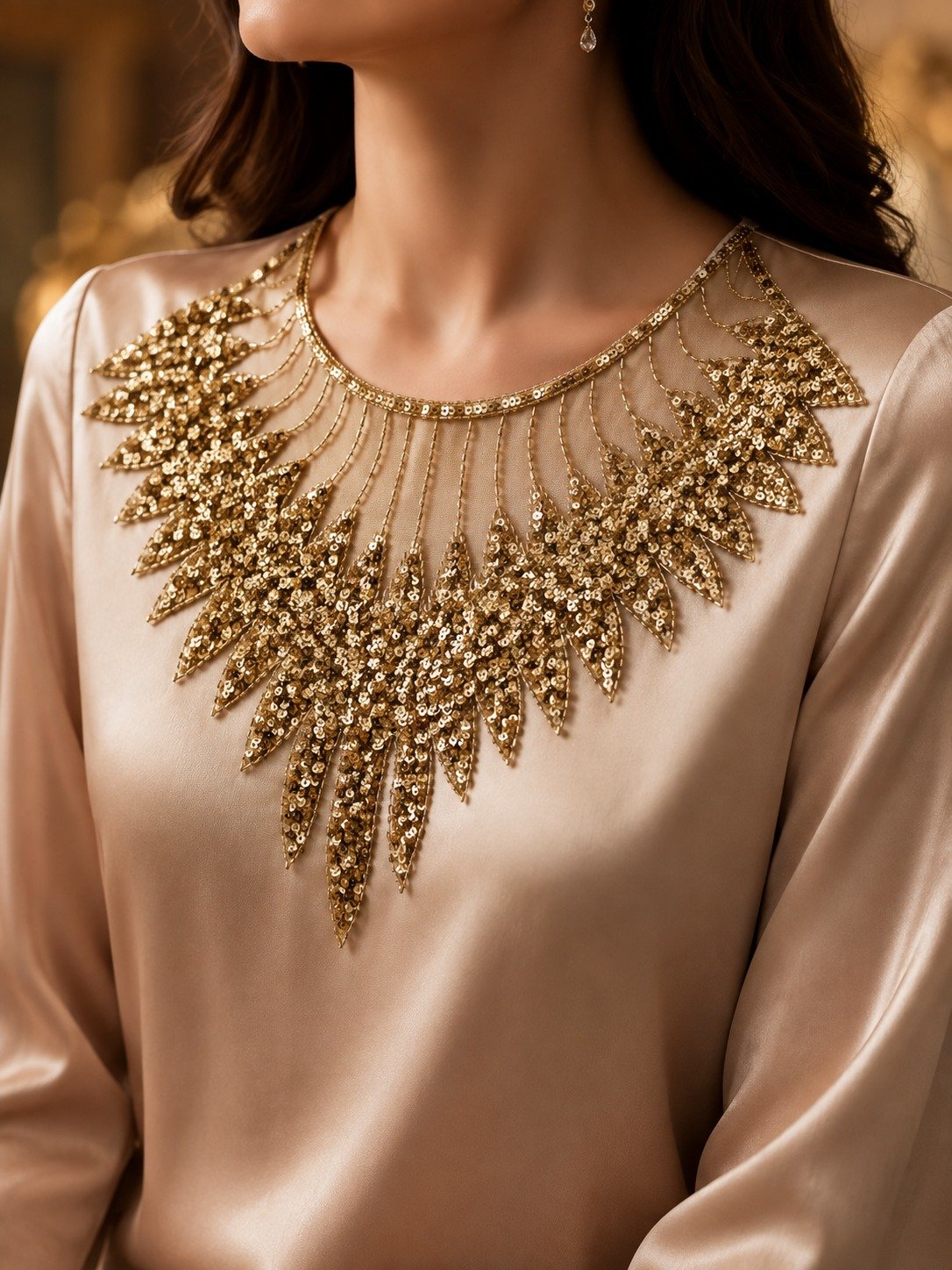 Stitchmere Premium Sequin Embroidered Neckline Applique Golden